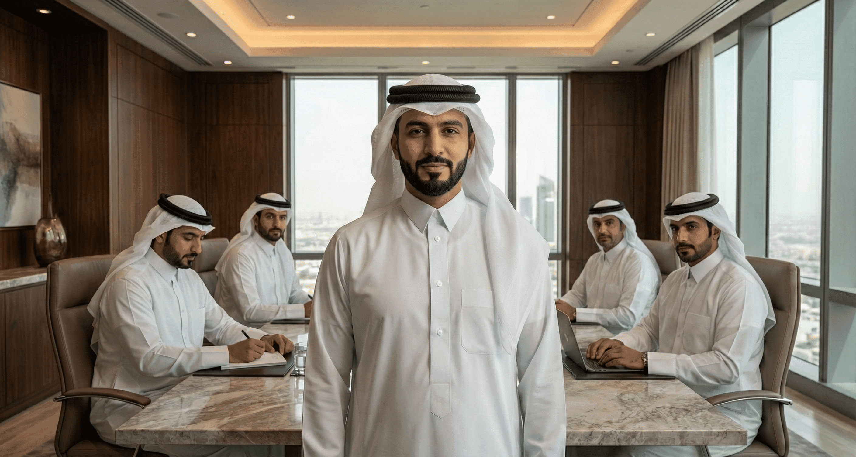 Executive leader standing in a sovereign boardroom environment with team